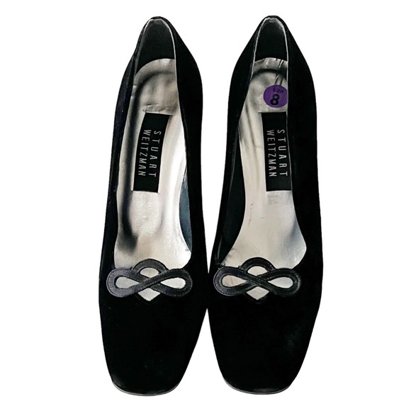 Stuart Weitzman Velvet Slip On Heels Shoes Pumps Black Square Toe Cutout Sz 8 B - Picture 3 of 12